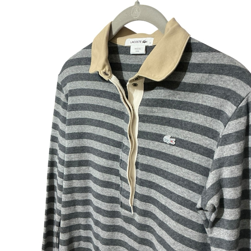 LACOSTE Stripe Rugby Polo Shirt XS FR 32 18” p2p Gray/Tan EUC - Picture 6 of 13